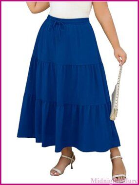 Plus Size Long Maxi Skirt A-Line Elastic Waist Tie Drawstring Flowy with Pockets